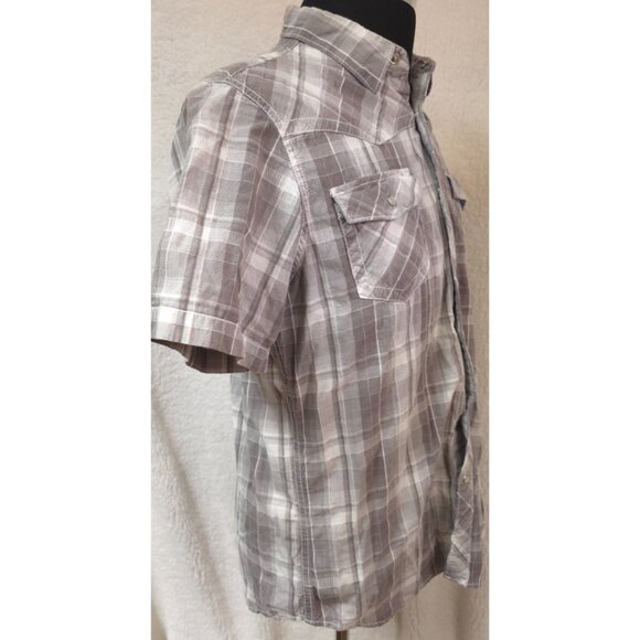 HELIX Mens Large Grey Plaid Short Sleeve Pearl Snap Western Cowboy Shirt - Picture 6 of 11